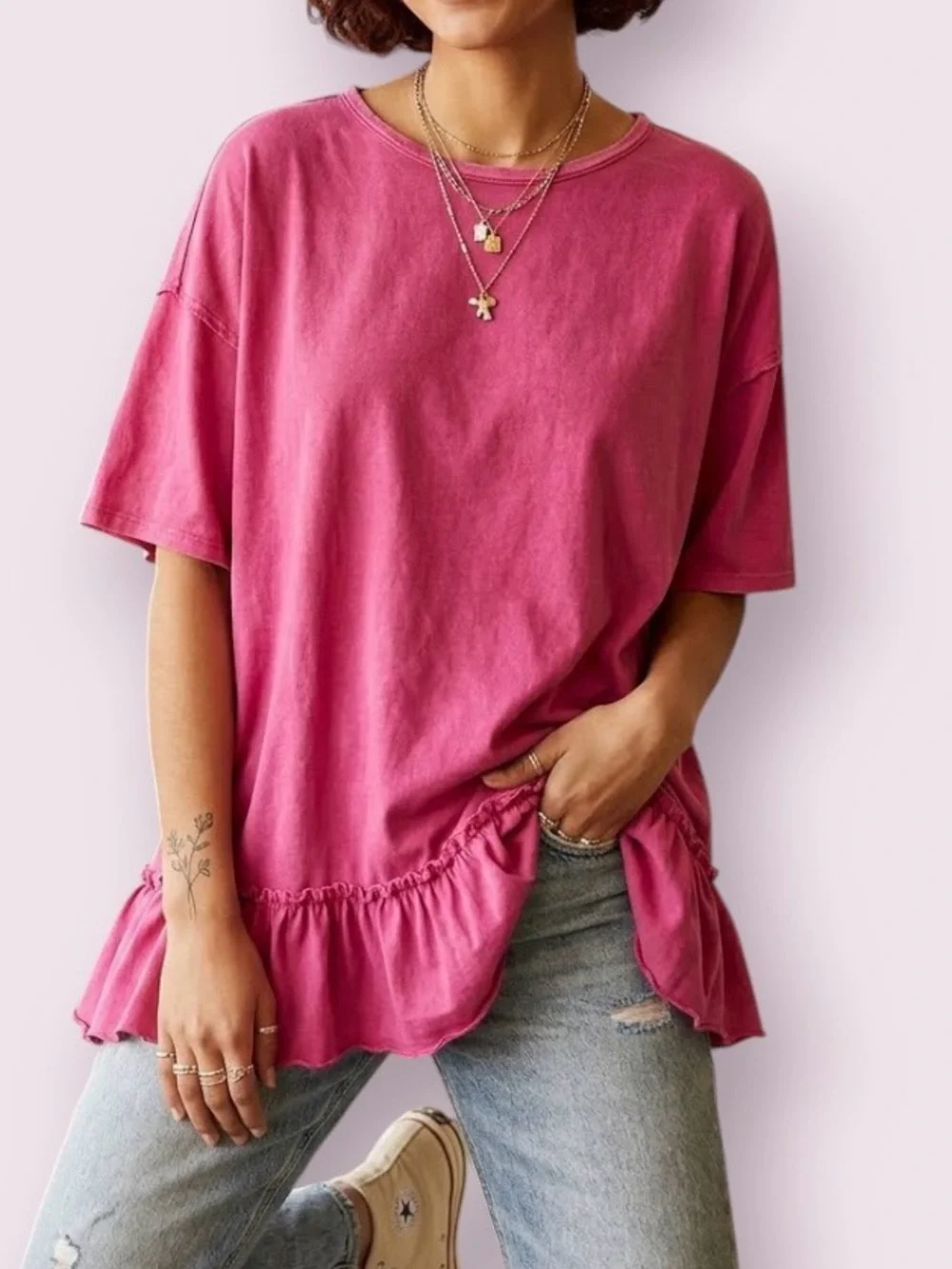 Free People We The Free Why Yes Ruffle Hem Tee Shirt Hot Pink Medium